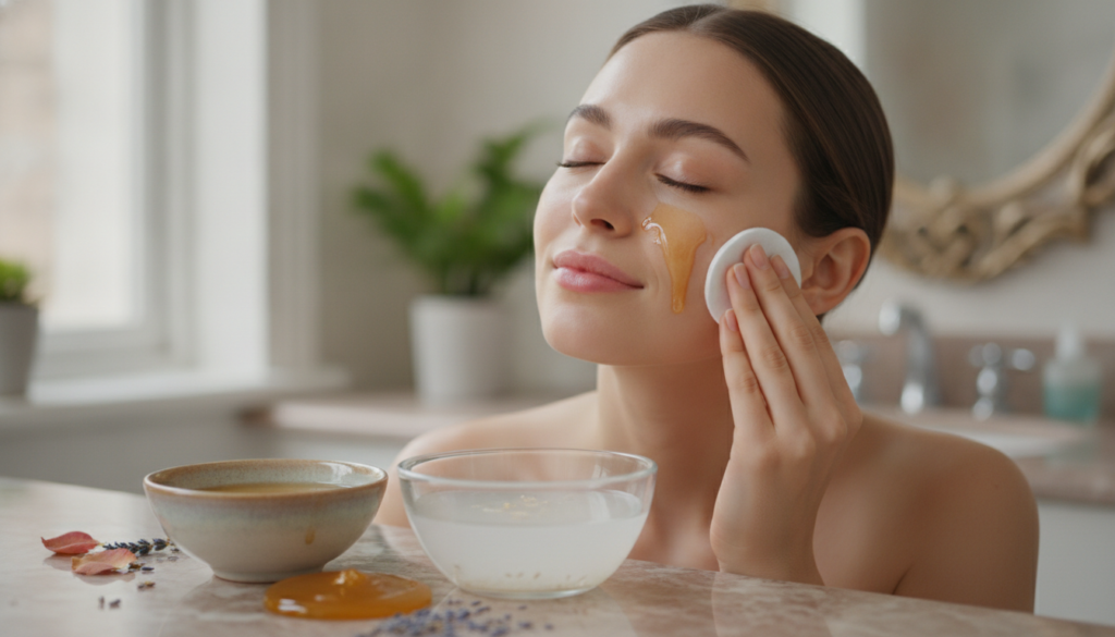 A woman gently dabbing a cotton pad soaked in a liquid mixture onto her cheek with a small bowl of honey and rice water 
