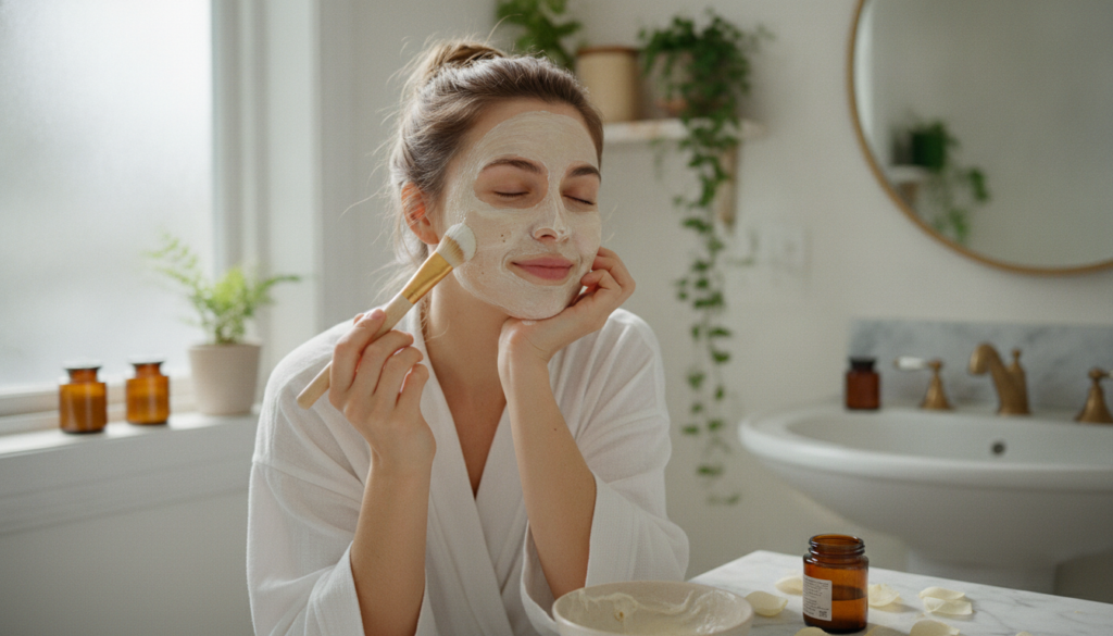 A woman applying the egg white and honey mask to her face with a soft brush