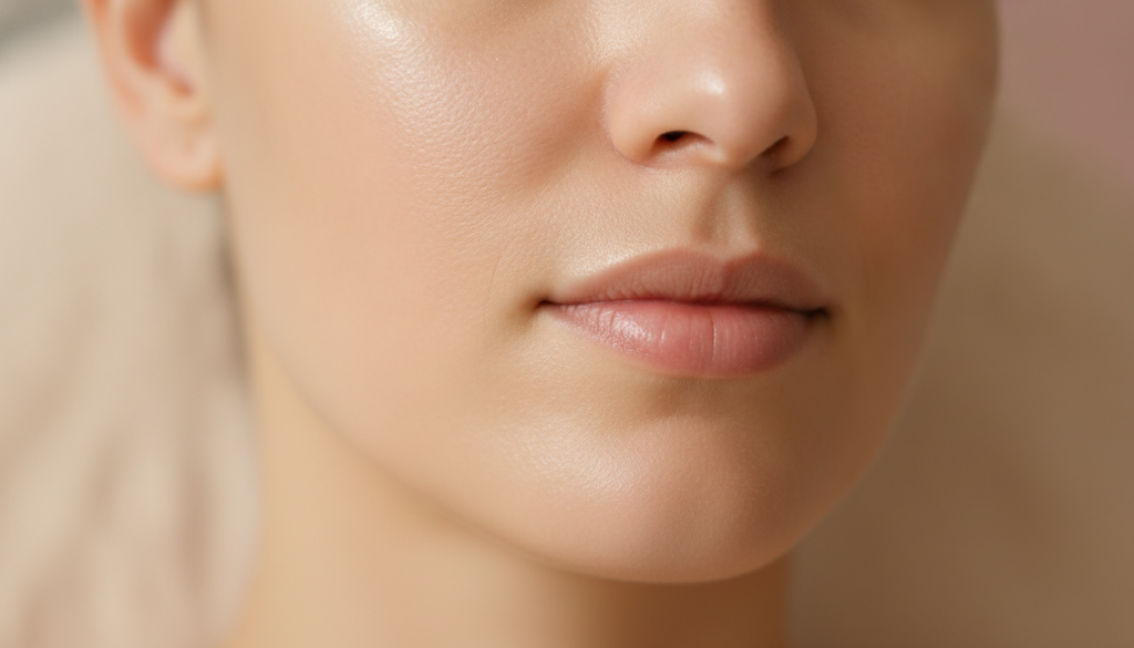 A close-up of smooth glowing skin after using a face mask