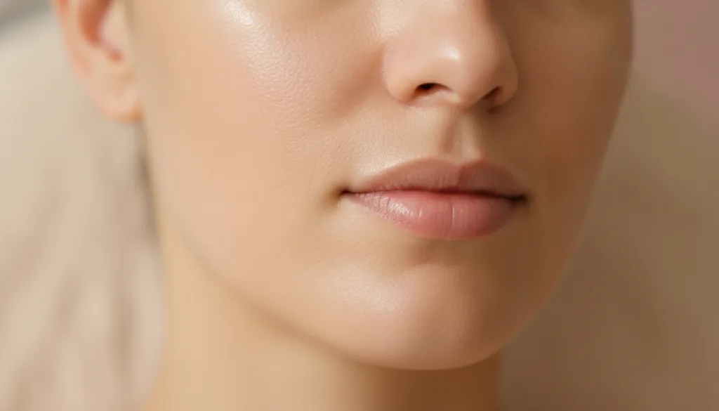 A close-up of smooth glowing skin after using a face mask