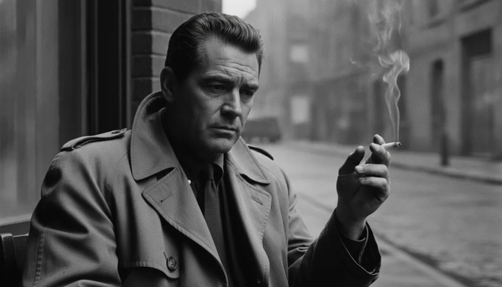 A vintage black and white publicity photo of Humphrey Bogart perhaps smoking a cigarette embodying his tough-guy persona