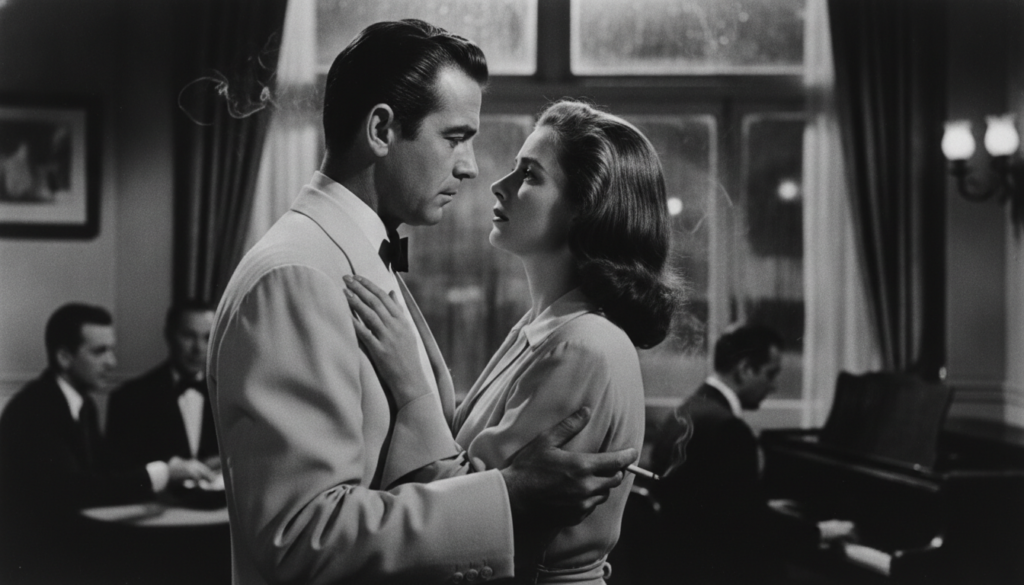 A black and white film still of Humphrey Bogart as Rick Blaine and Ingrid Bergman as Ilsa Lund in a memorable scene from