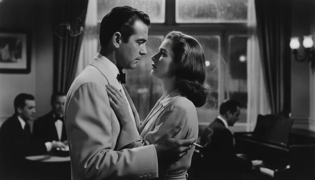 A black and white film still of Humphrey Bogart as Rick Blaine and Ingrid Bergman as Ilsa Lund in a memorable scene from