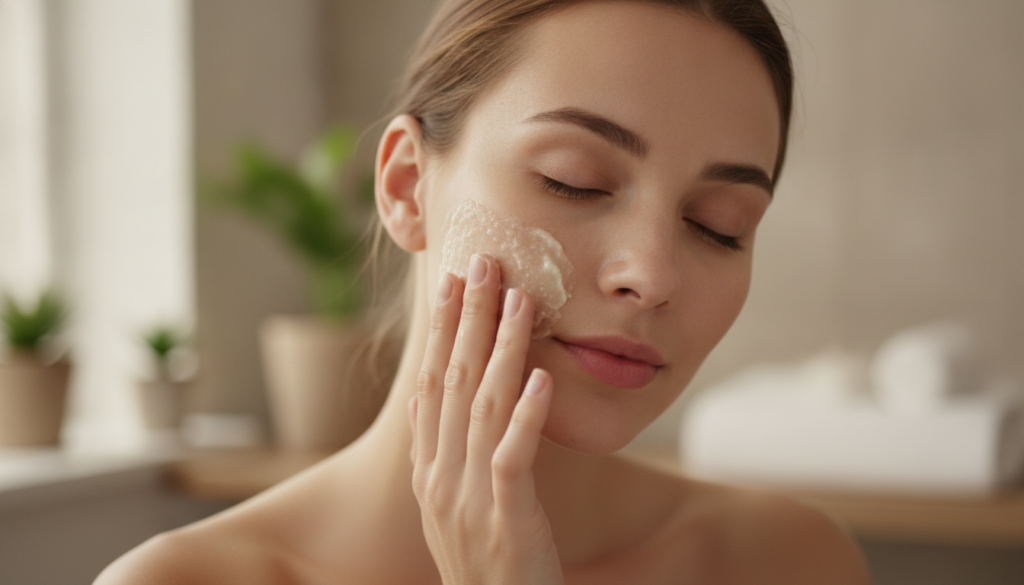 A woman gently massaging a homemade Vaseline face scrub onto her cheek demonstrating the application process with soft n