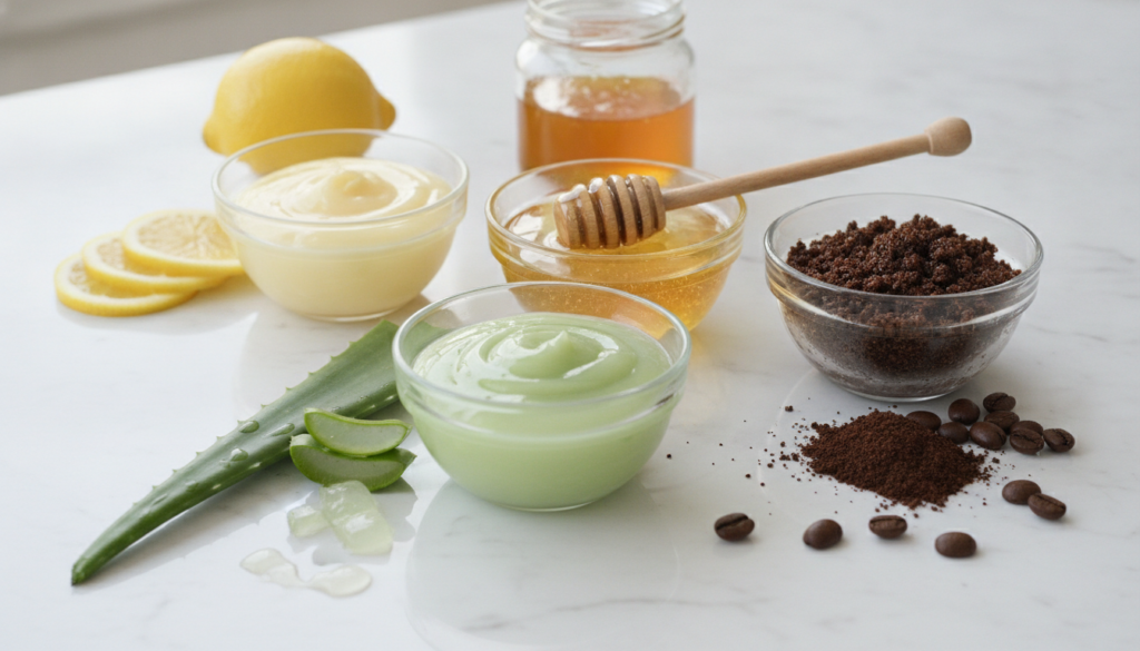 Various small bowls with different Vaseline blends and their ingredients such as lemon honey coffee grounds and aloe ver