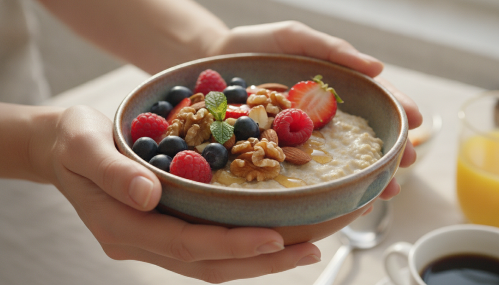 A person s hands holding and enjoying a bowl of oatmeal with berries and nuts with a focus on a healthy lifestyle and th