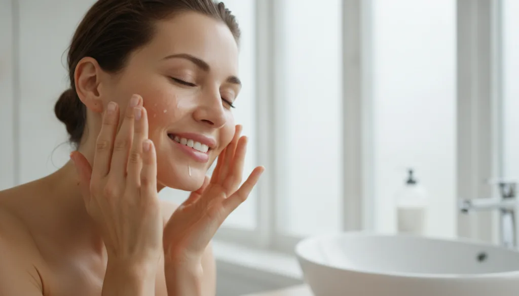 Close-up shot of a woman gently patting rice water onto her clean face with her hands looking refreshed Her skin appears