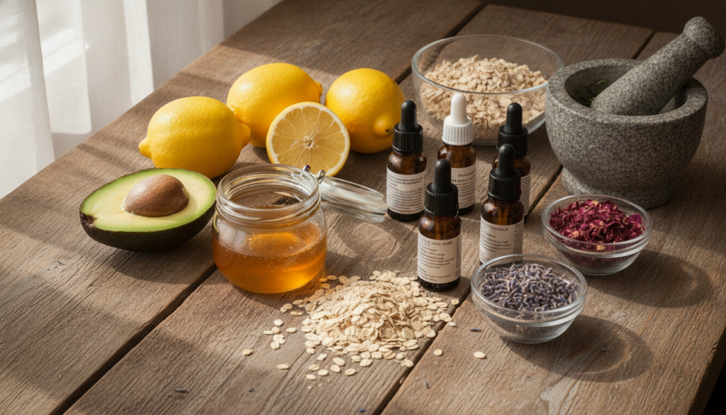 A variety of natural ingredients like avocado honey lemon oats and essential oils arranged beautifully on a rustic woode