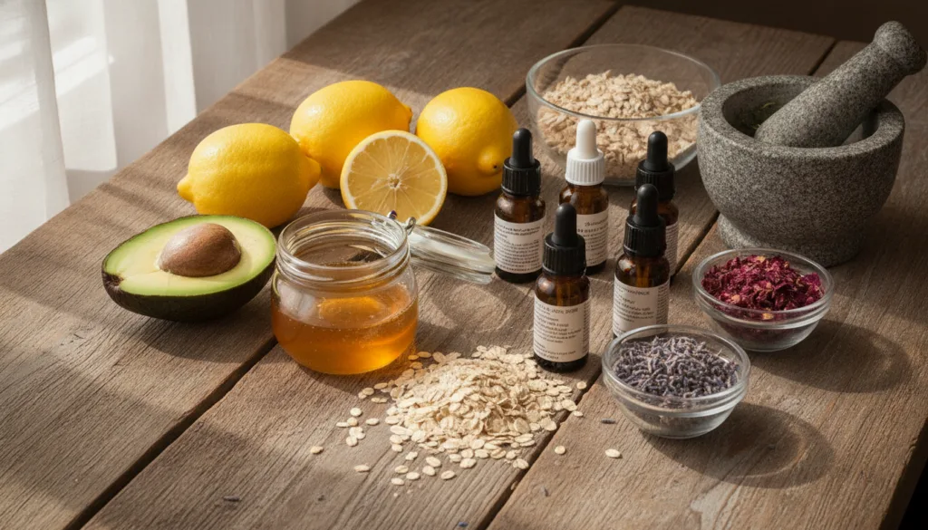A variety of natural ingredients like avocado honey lemon oats and essential oils arranged beautifully on a rustic woode