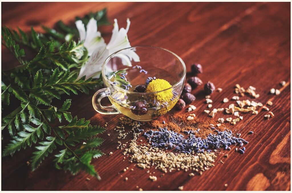 A soothing image of a steaming mug of herbal tea possibly chamomile or lavender on a bedside table with a soft lamp in t
