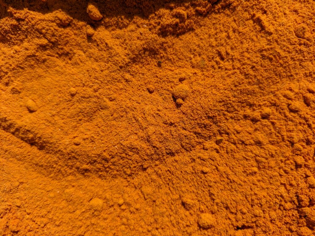 Close-up of fresh turmeric roots and powdered turmeric in a small bowl perhaps next to a mortar and pestle or some natur