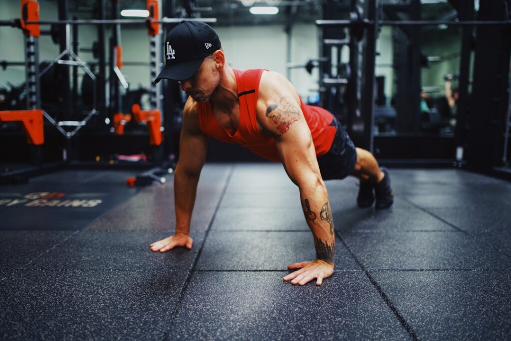 A person performing a perfect push-up demonstrating strong form and body control The setting is clean and inspiring poss