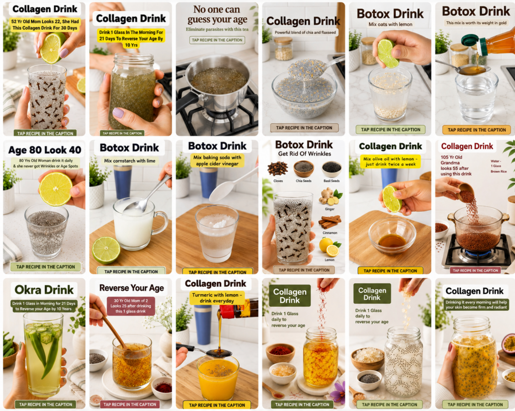 A vibrant collage of 20 different DIY beauty and wellness recipes each in its own panel showing ingredients like chia se