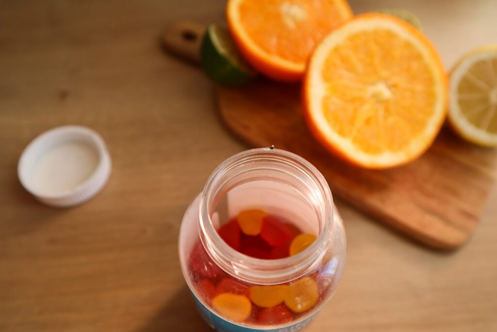 A refreshing homemade drink containing collagen and vitamin E possibly garnished with fresh berries or citrus slices ser