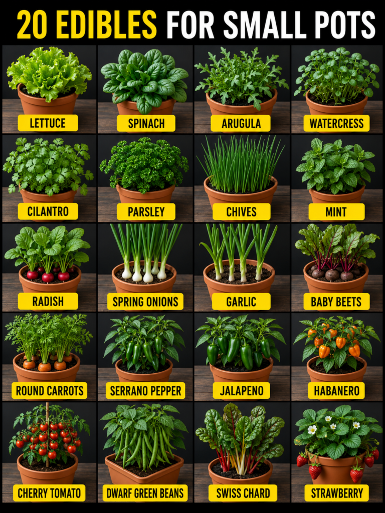 A visual guide showing 20 different edible plants thriving in small terracotta pots arranged in a grid against a dark wo