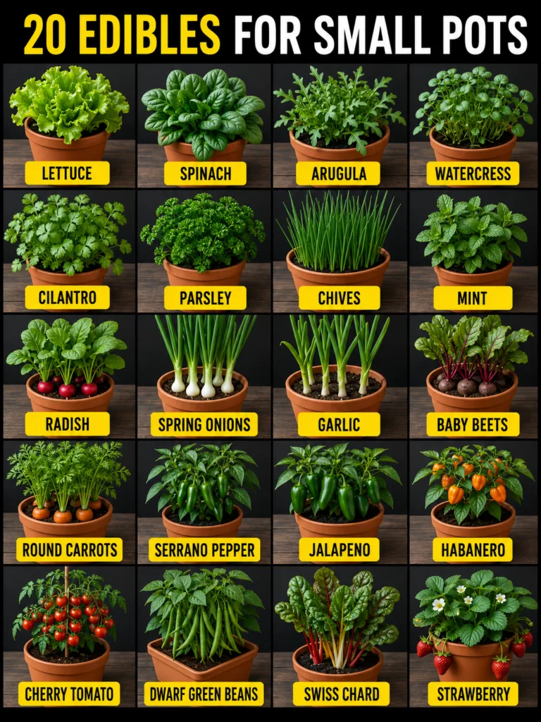 A visual guide showing 20 different edible plants thriving in small terracotta pots arranged in a grid against a dark wo