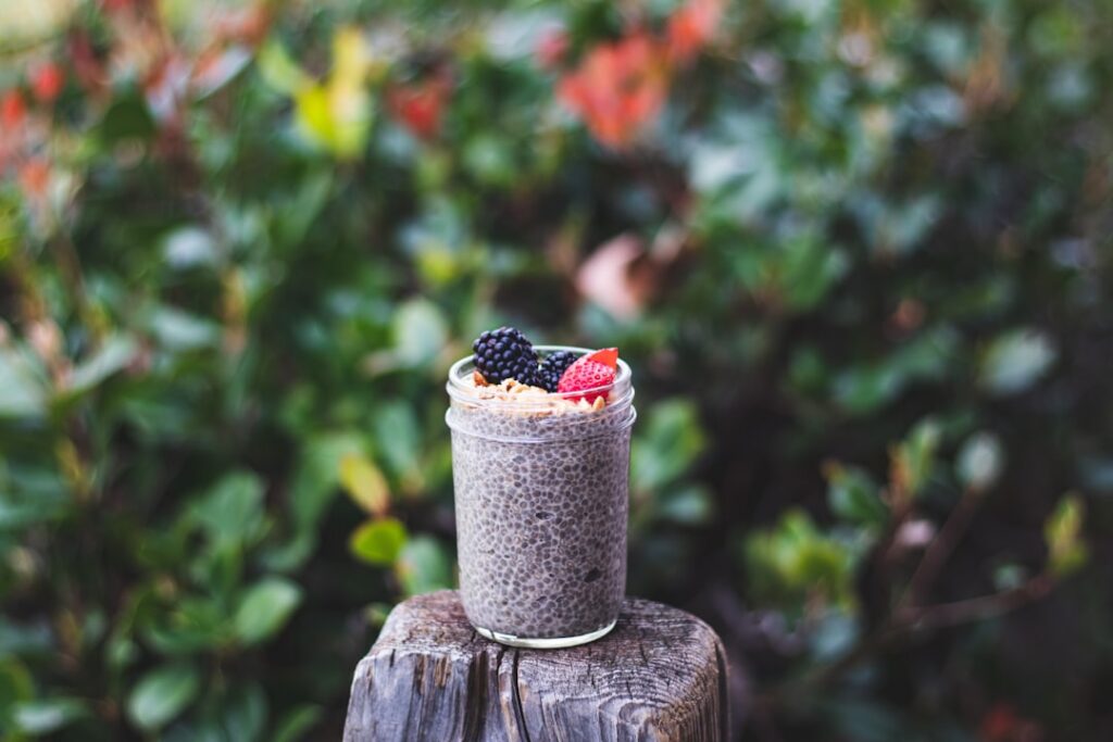 A visually appealing shot of a glass filled with a coconut chia seed blend possibly garnished with fresh fruit or mint o
