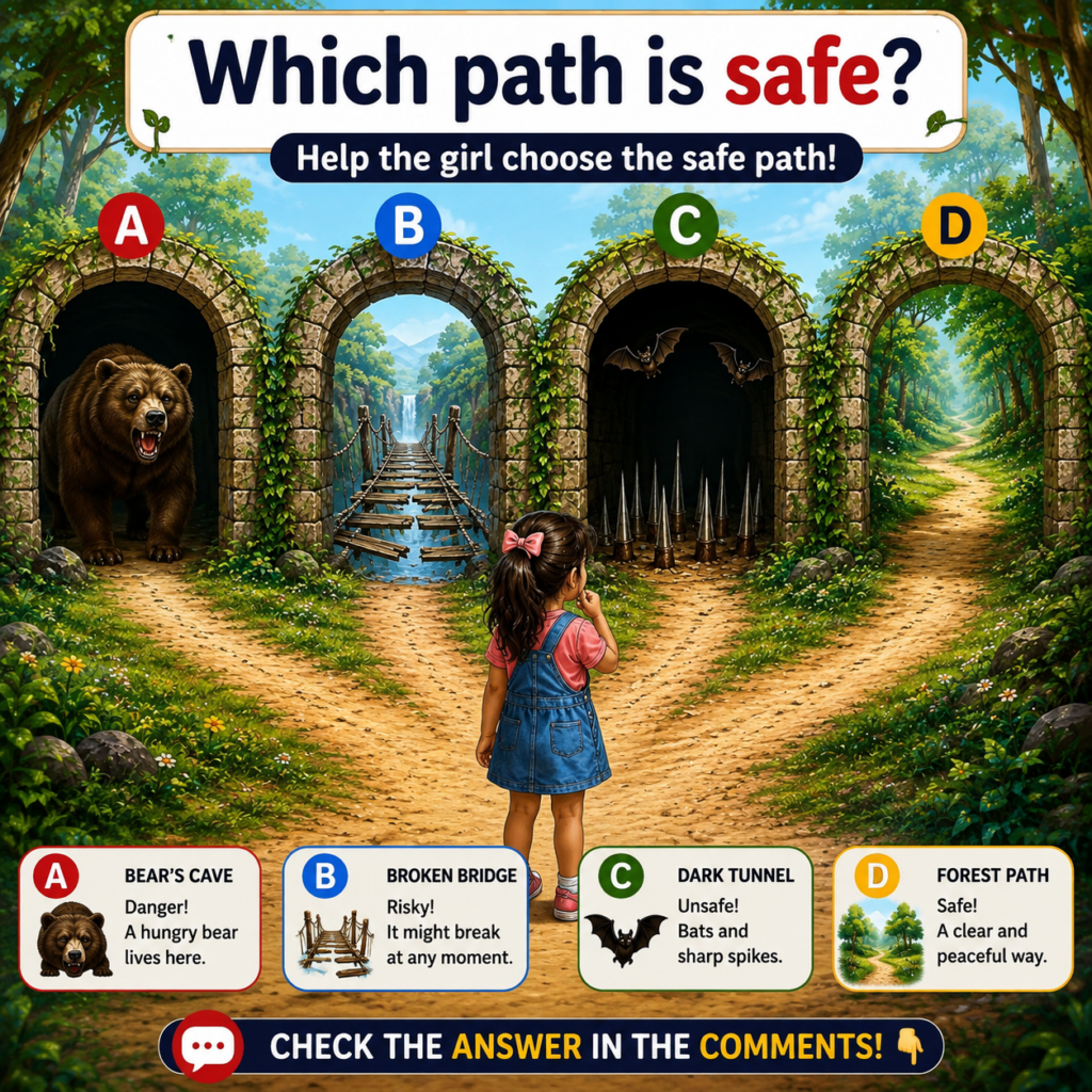 An illustrated scene of a young girl facing four different paths in a forest labeled A B C D Path A has a bear Path B a 