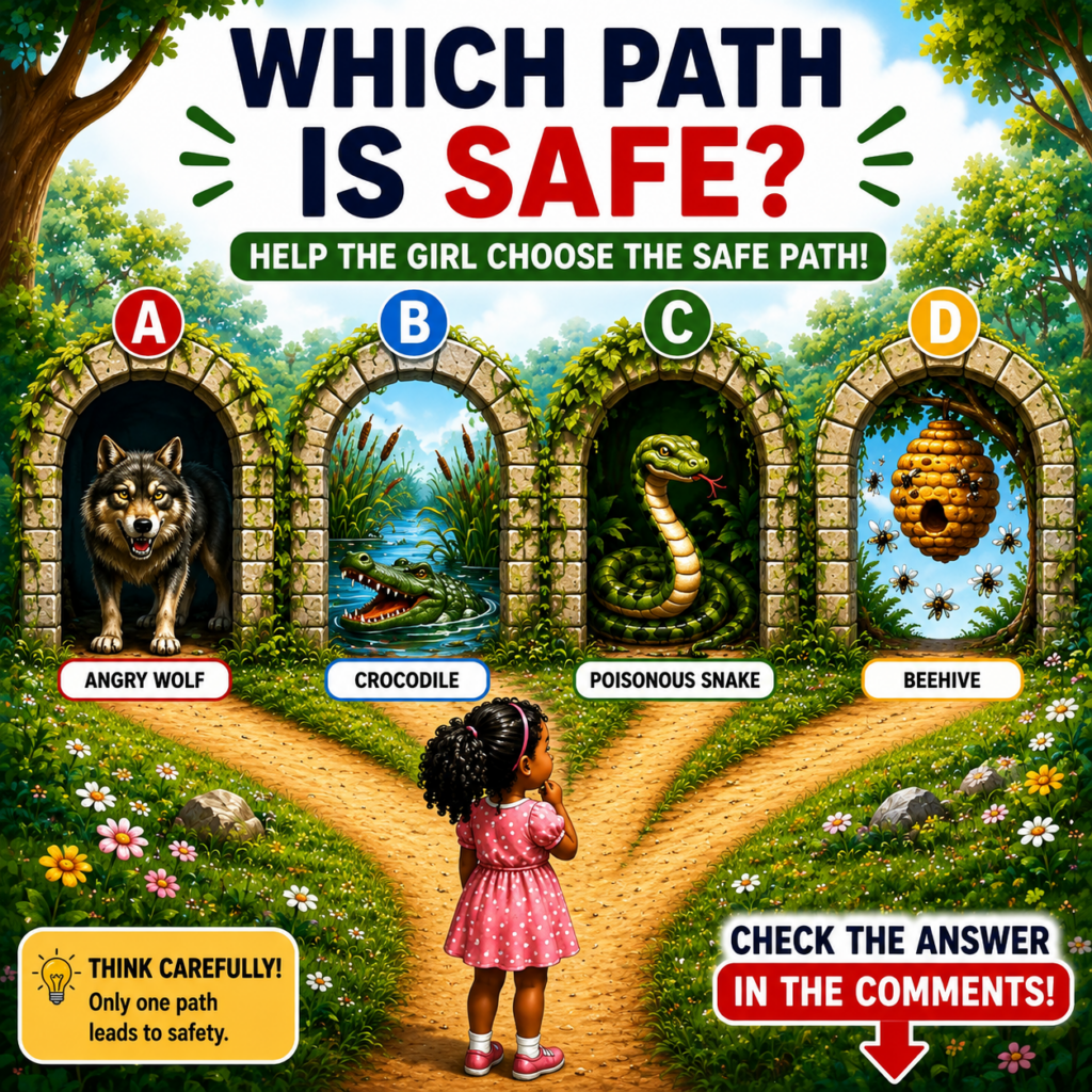 A cartoon image of a young girl at a crossroads with four paths each leading to a different danger a wolf a crocodile a