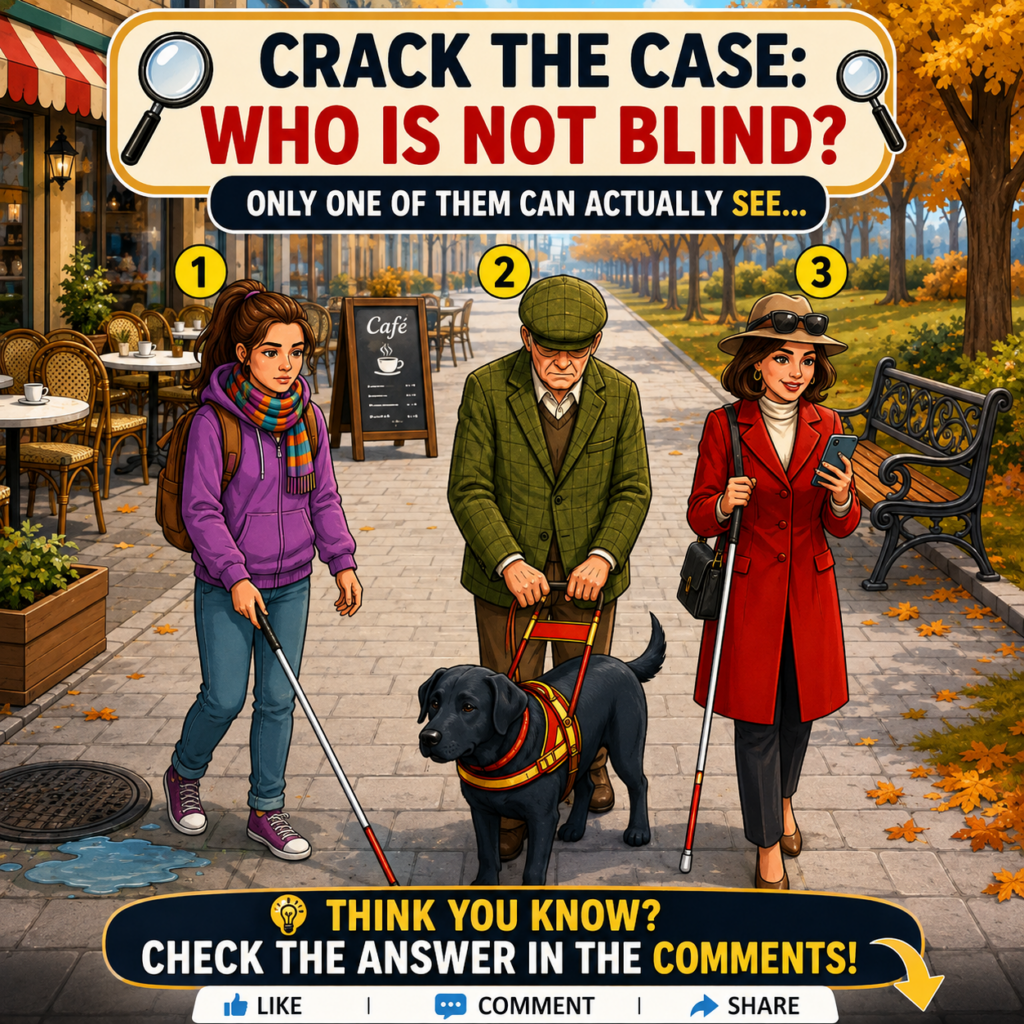 A cartoon illustration of a visual puzzle titled CRACK THE CASE WHO IS NOT BLIND It shows three individuals walking on a