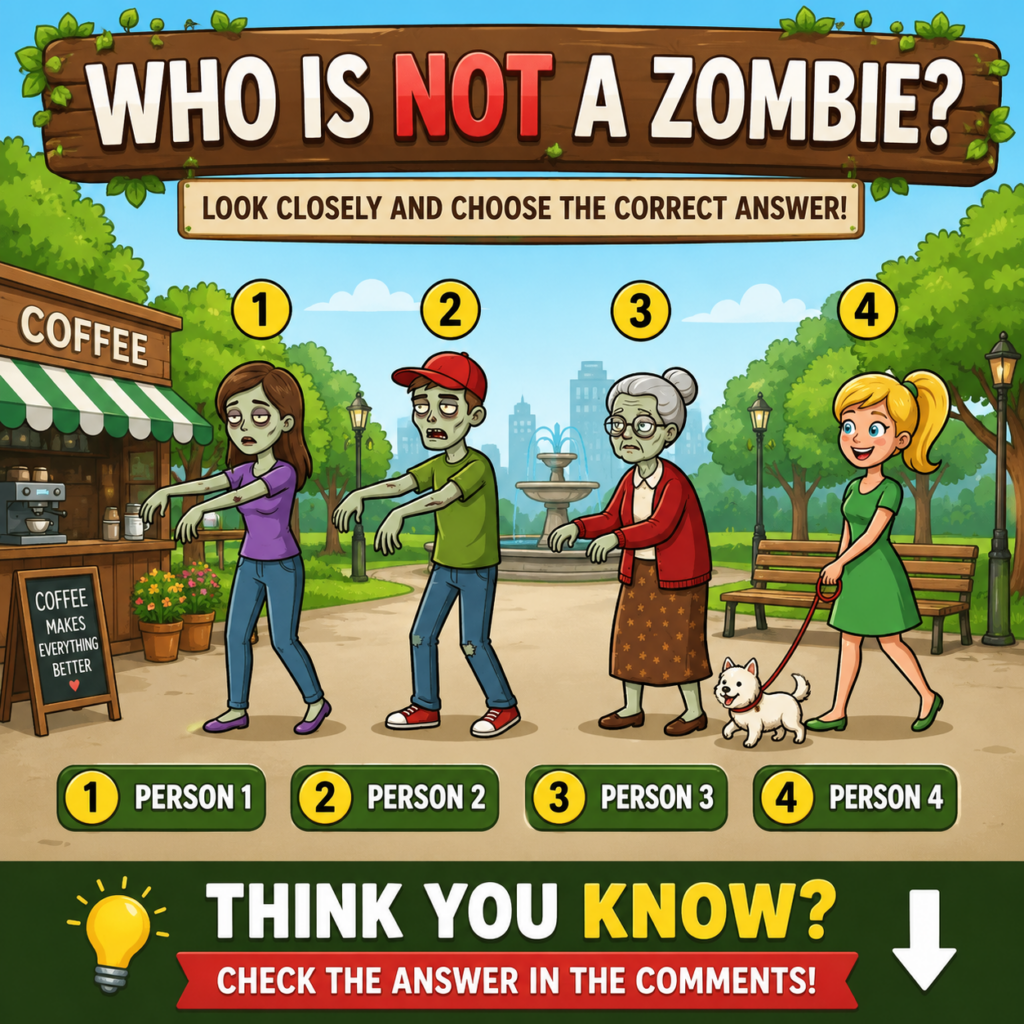 A cartoon-style visual puzzle showing four numbered characters in a park three appear to be zombies and one looks normal