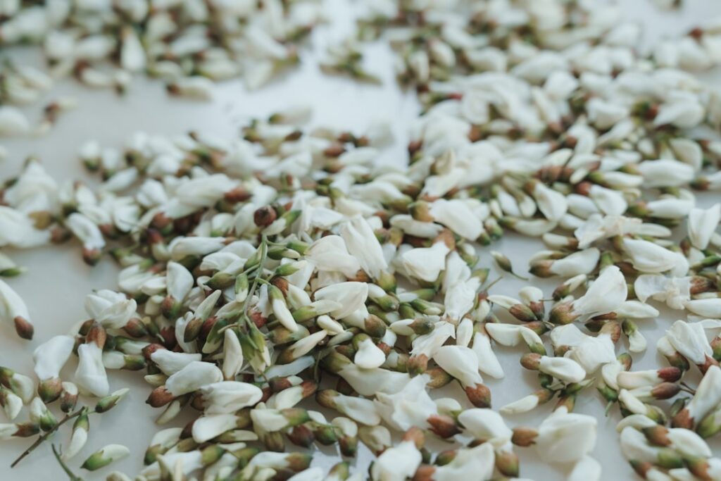 A close-up shot of rice and fenugreek seeds in separate small bowls with a clear glass bottle of homemade toner in the b