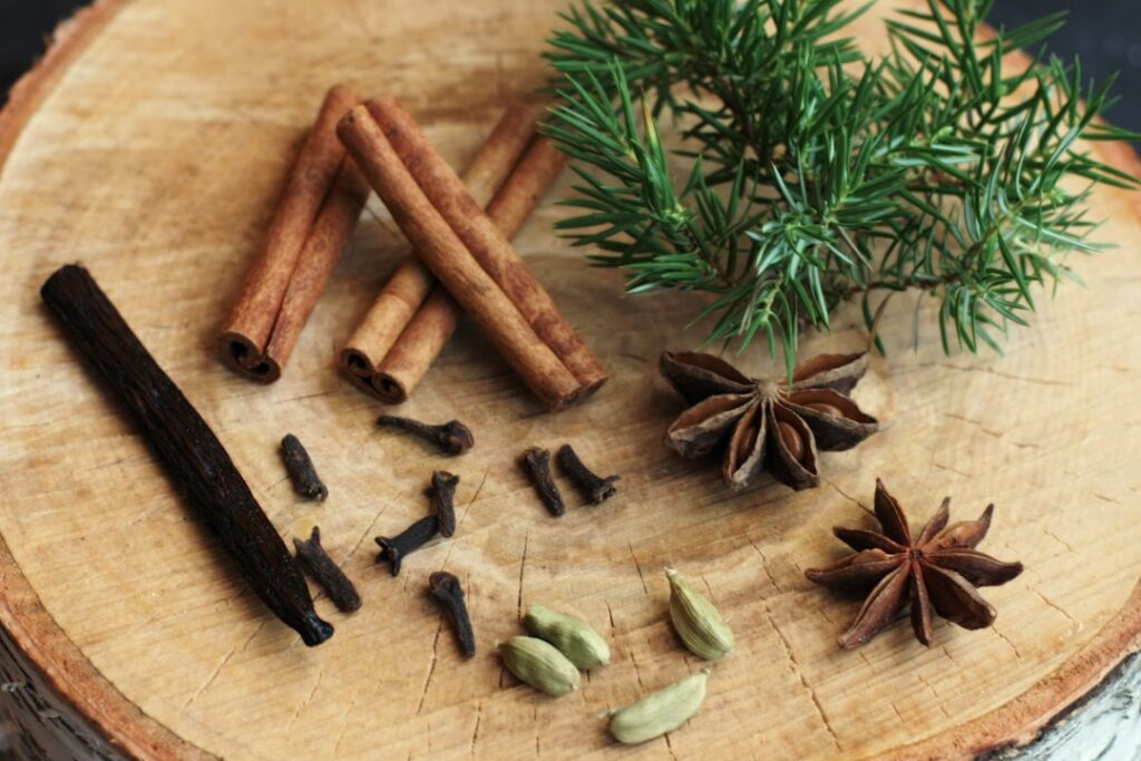 A close-up shot of dried cloves and a small bottle of homemade clove oil on a rustic wooden surface with a dropper bottl