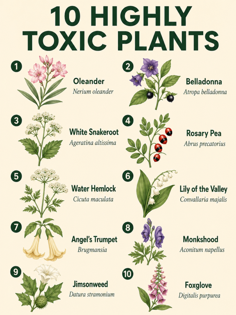 An infographic titled 10 HIGHLY TOXIC PLANTS displaying ten distinct botanical illustrations of dangerous plants each nu