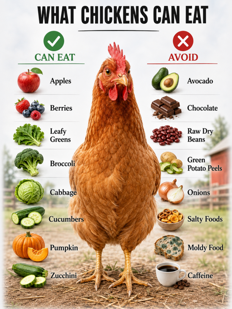 A comprehensive infographic showing a brown chicken surrounded by two columns of food items one labeled CAN EAT with gre