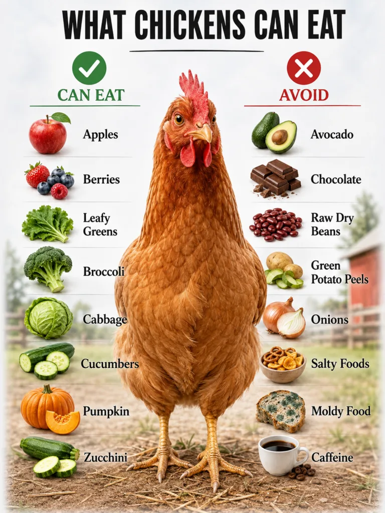 A comprehensive infographic showing a brown chicken surrounded by two columns of food items one labeled CAN EAT with gre