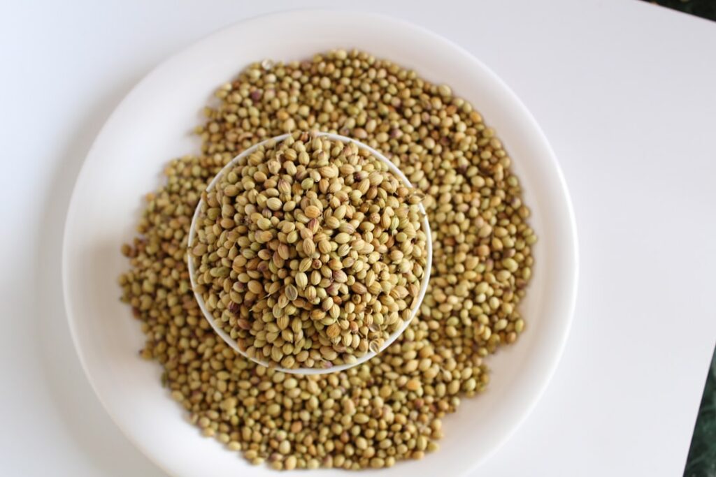A close-up of a person gently crushing fenugreek and coriander seeds in a mortar and pestle preparing them for an herbal