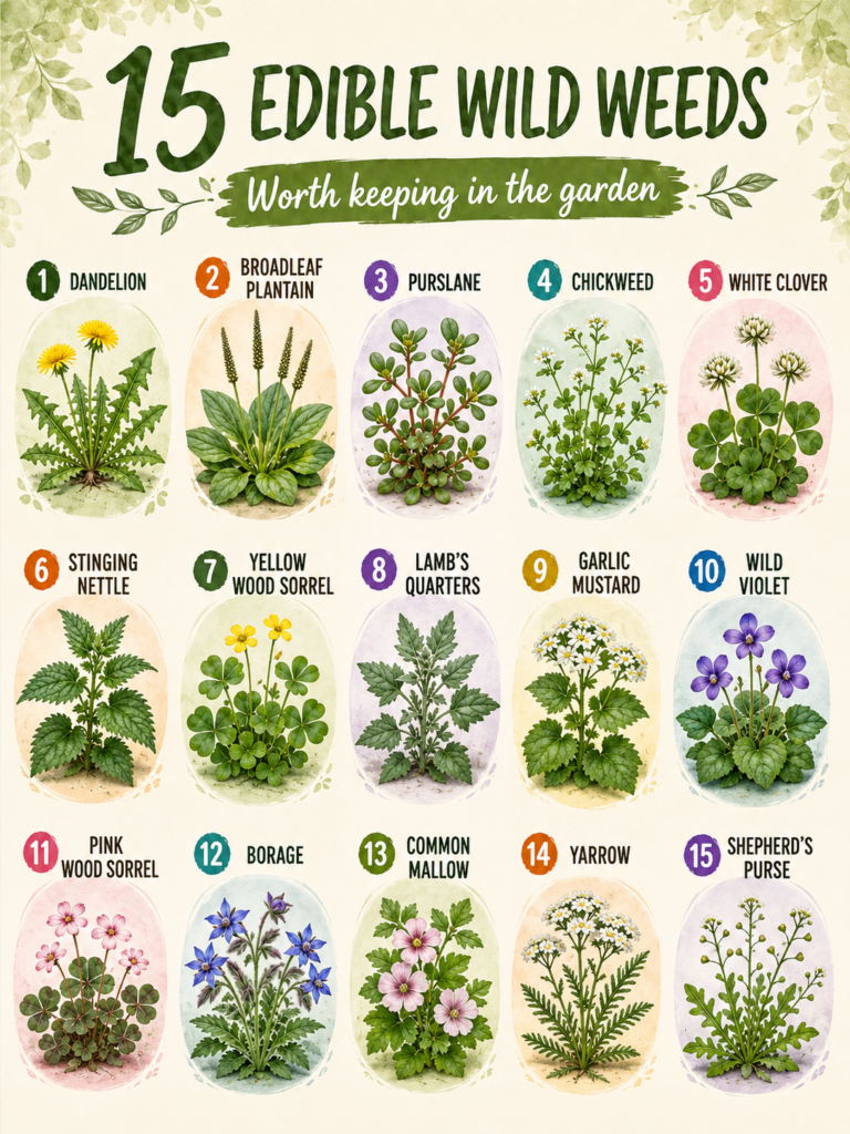 A beautiful botanical illustration of 15 different edible wild plants each labeled with its common name arranged in a gr