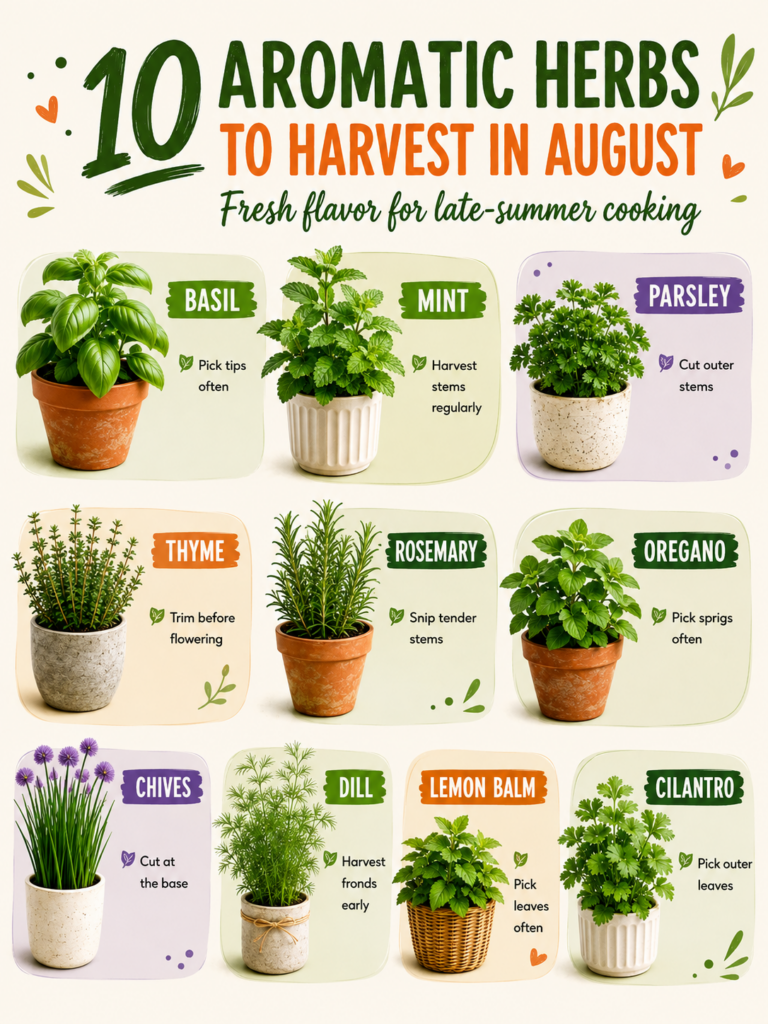 An infographic showing 10 aromatic herbs to harvest in August each in a pot with its name and specific harvesting tips
