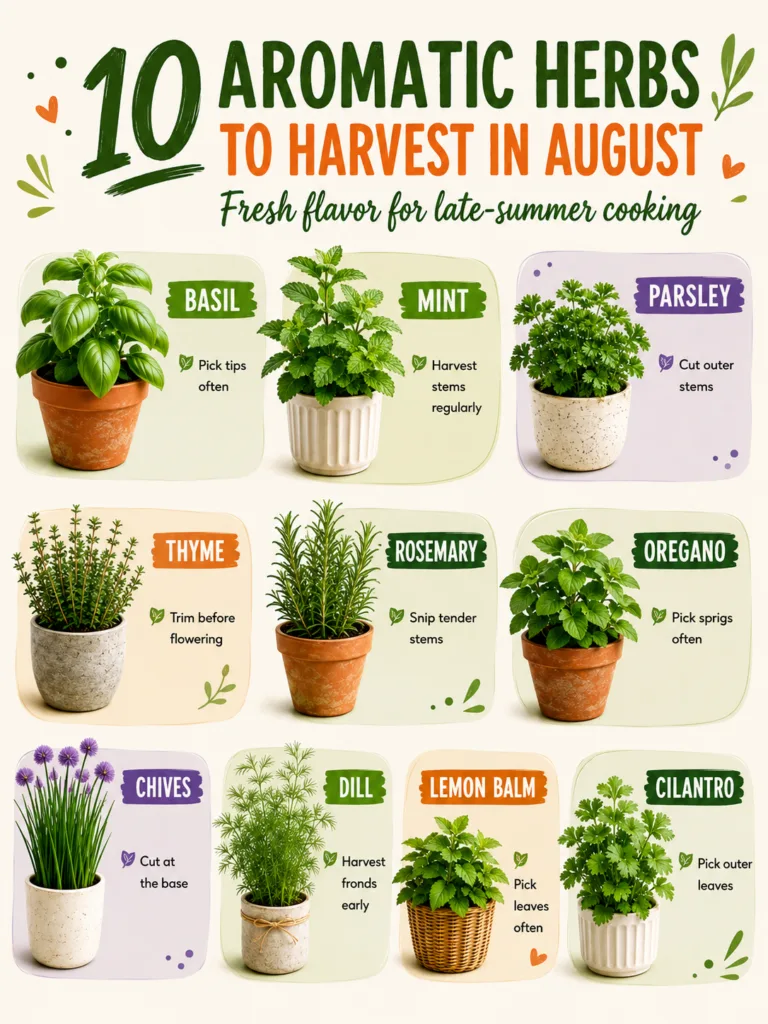 An infographic showing 10 aromatic herbs to harvest in August each in a pot with its name and specific harvesting tips