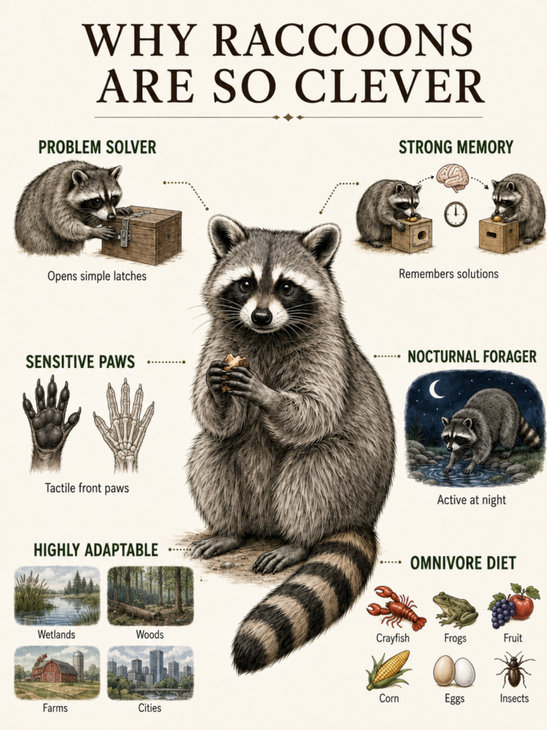 A central illustration of a raccoon holding food surrounded by six sections detailing its clever traits exceptional sens