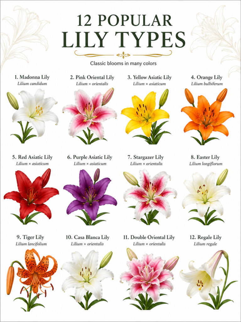 An infographic showing 12 different types of lilies each numbered and labeled with common and scientific names Each lily