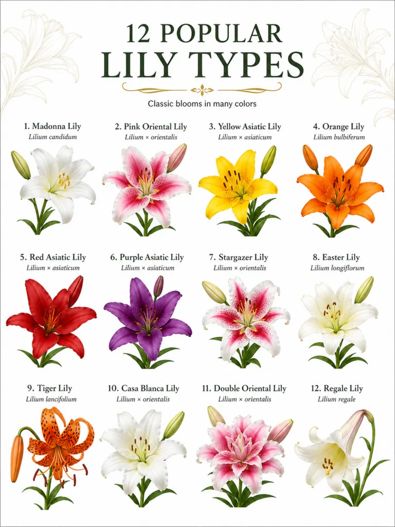 An infographic showing 12 different types of lilies each numbered and labeled with common and scientific names Each lily