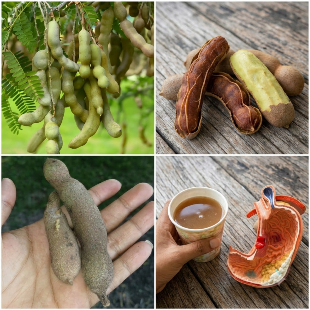 A four-panel collage showing green unripe tamarind on a tree ripe tamarind pods and pulp on wood a hand holding unripe t