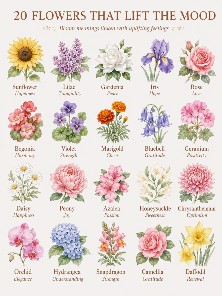 An infographic showing 20 watercolor illustrations of flowers each with its name and an associated uplifting mood or mea