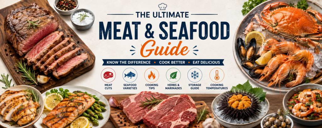 A vibrant and comprehensive flat lay collage with various raw and cooked meat and seafood items herbs spices and a centr
