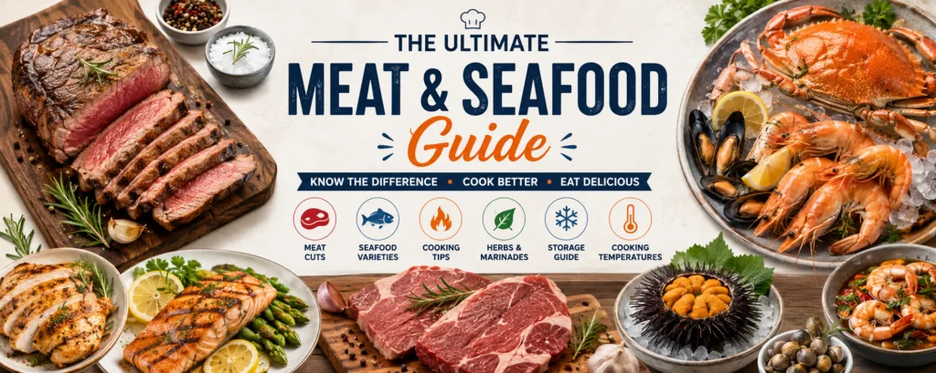 A vibrant and comprehensive flat lay collage with various raw and cooked meat and seafood items herbs spices and a centr