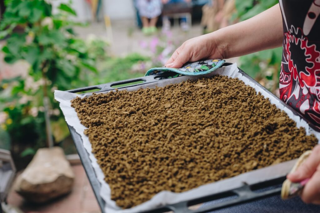 A gardener s hands mixing seeds into a moist medium of peat moss and sand in a plastic container