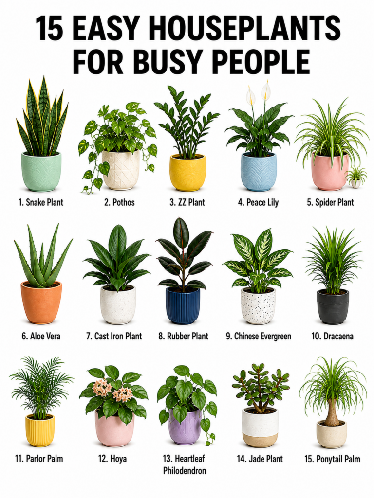 A grid of 15 different potted houseplants each clearly numbered and labeled with its common name against a stark white b