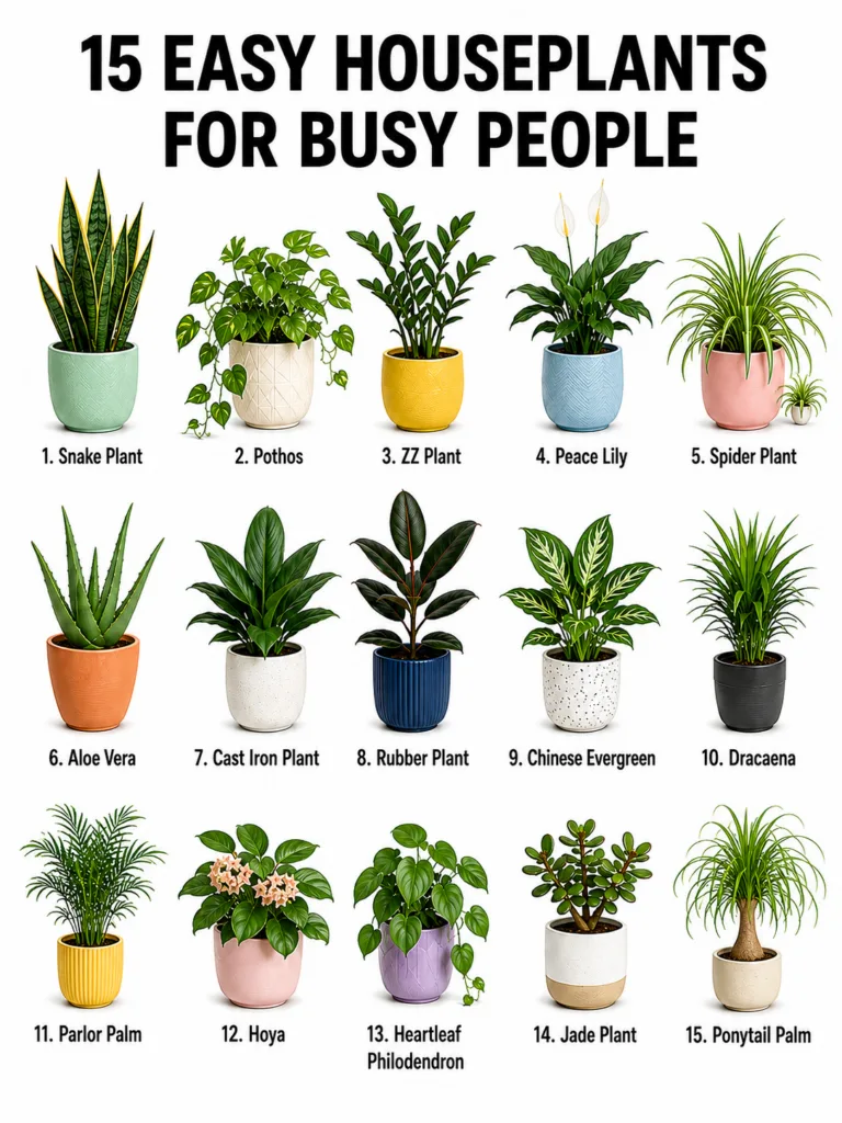 A grid of 15 different potted houseplants each clearly numbered and labeled with its common name against a stark white b