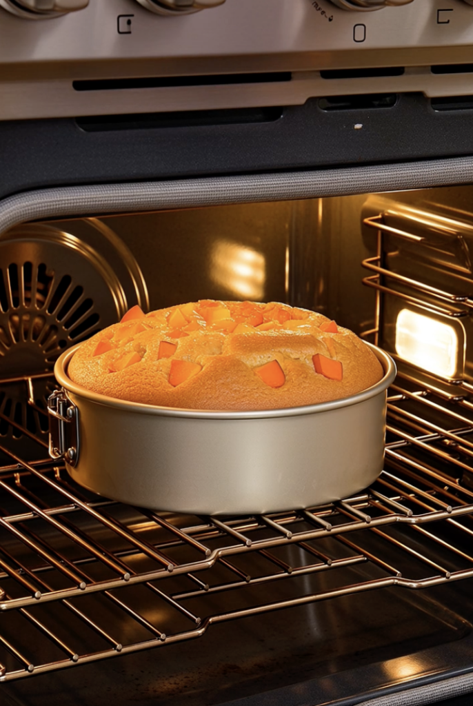A golden-brown peach oat cake topped with peach slices baking inside a modern oven The oven light illuminates the cake i