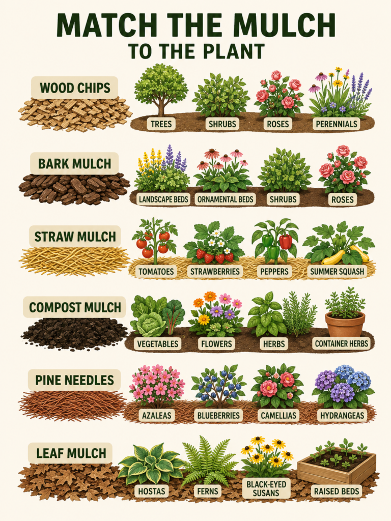An infographic showing six types of mulch wood chips bark mulch straw mulch compost mulch pine needles and leaf mulch ea