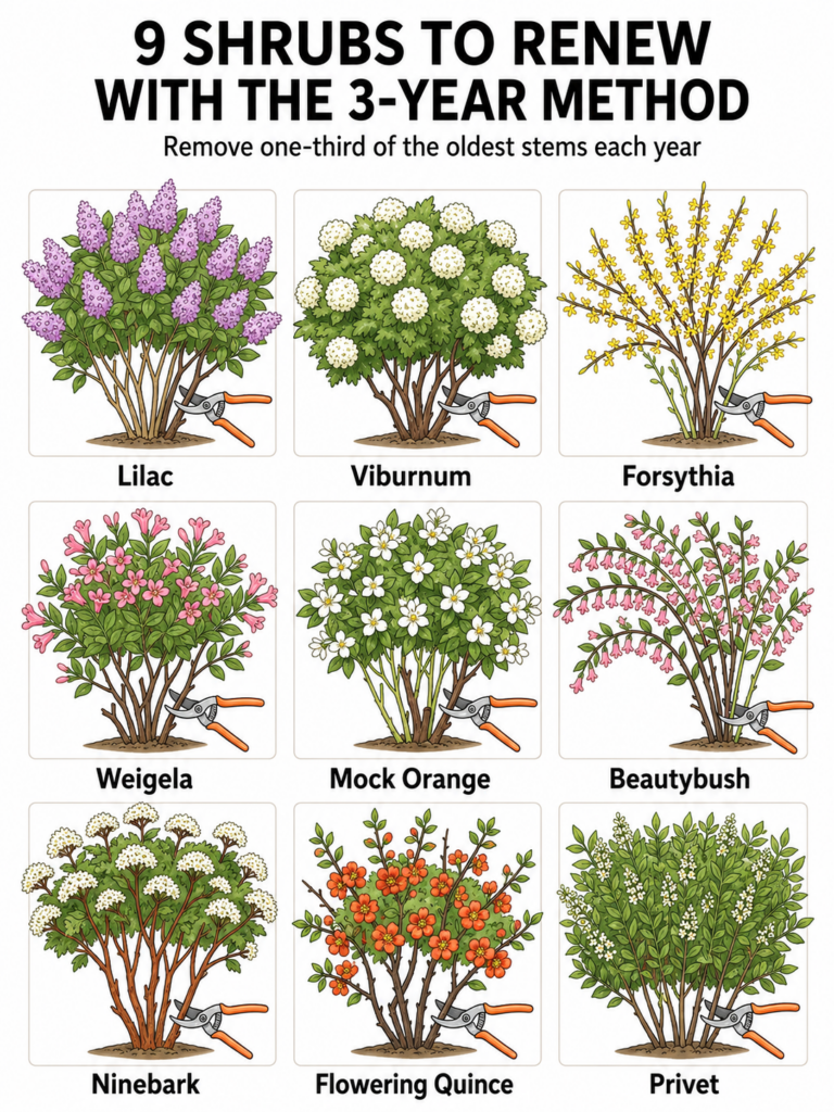 An infographic showing 9 different shrubs Lilac Viburnum Forsythia Mock Orange Hydrangea Weigela Flowering Quince Beauty