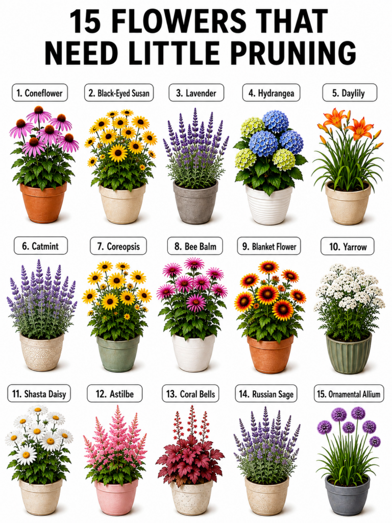 A grid infographic displaying 15 different potted flowering plants each numbered and labeled with its common name agains