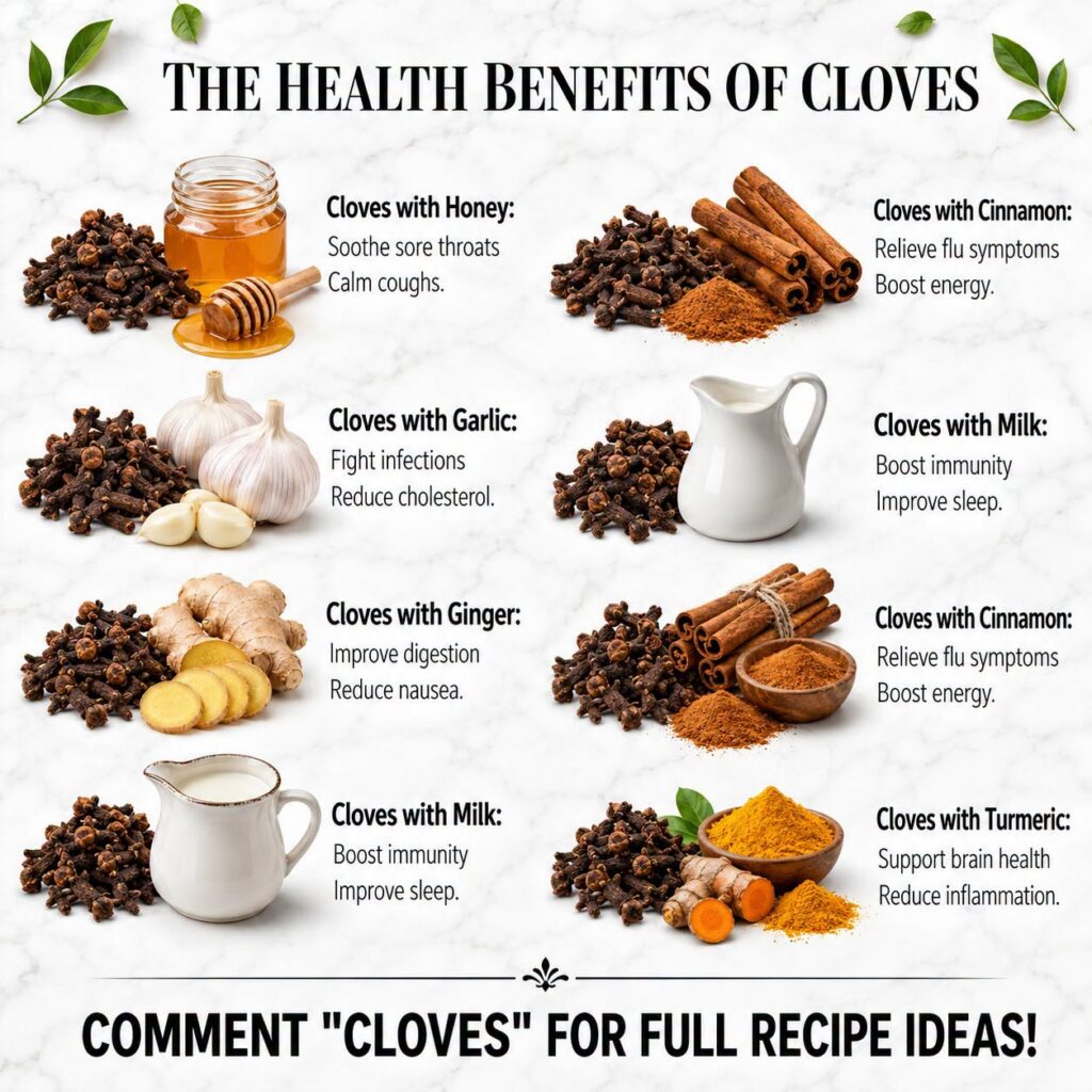 An array of dried cloves with various natural ingredients like honey garlic ginger cinnamon milk and turmeric artfully a