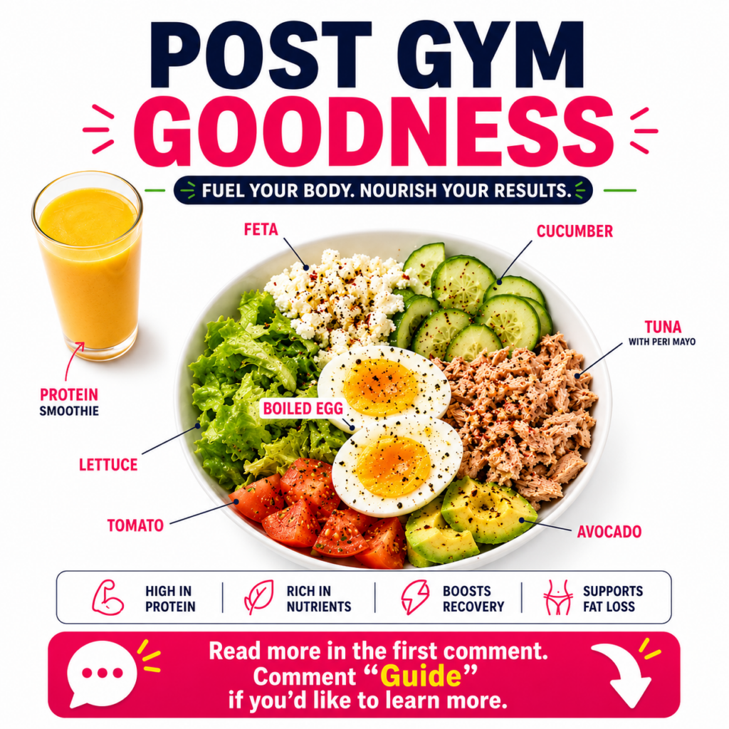 An infographic titled POST GYM GOODNESS showing a vibrant salad bowl with tuna eggs avocado feta and vegetables next to 